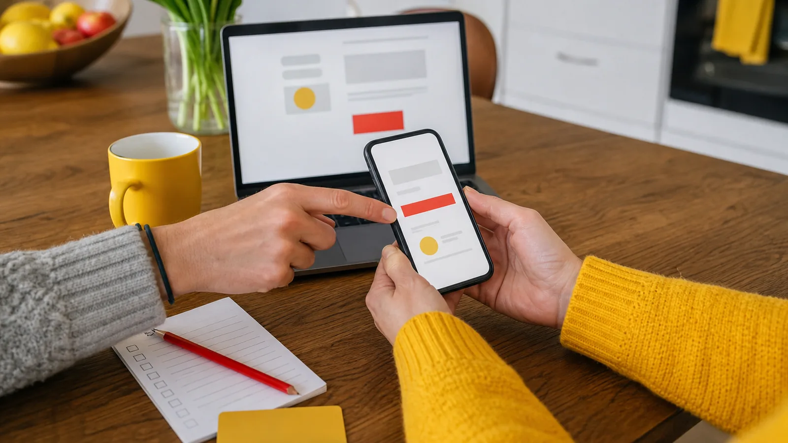 Twee mensen controleren op een telefoon en laptop hoe een evenementticket wordt overgedragen