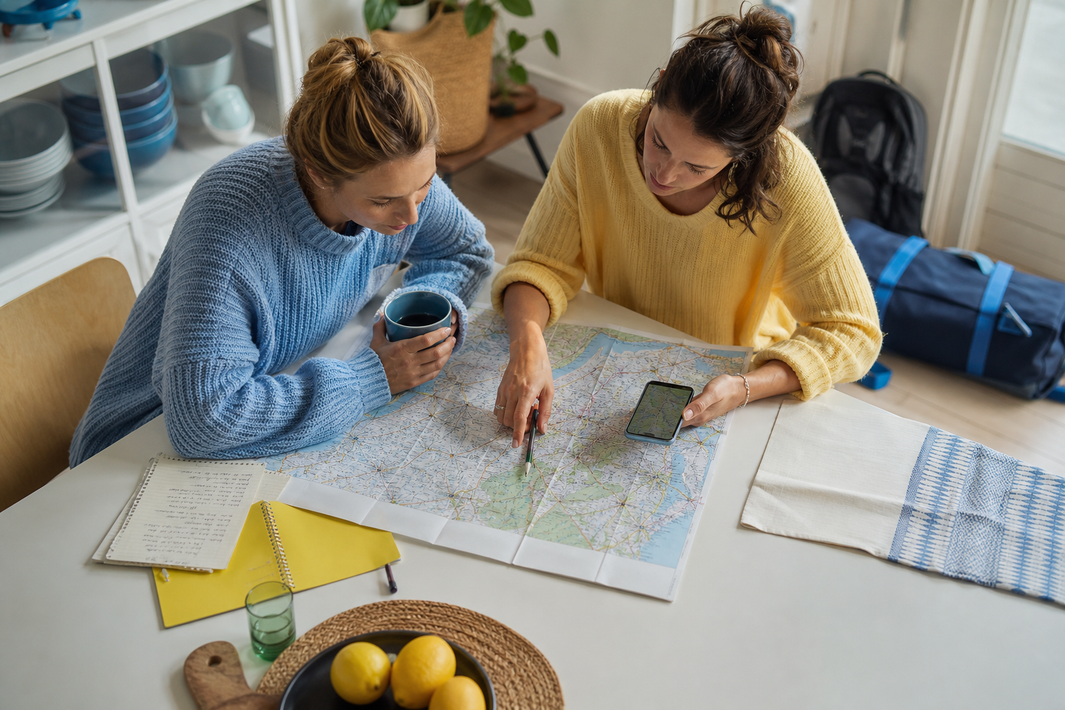 Twee vriendinnen plannen aan tafel een weekend weg met een kaart en notitieboek